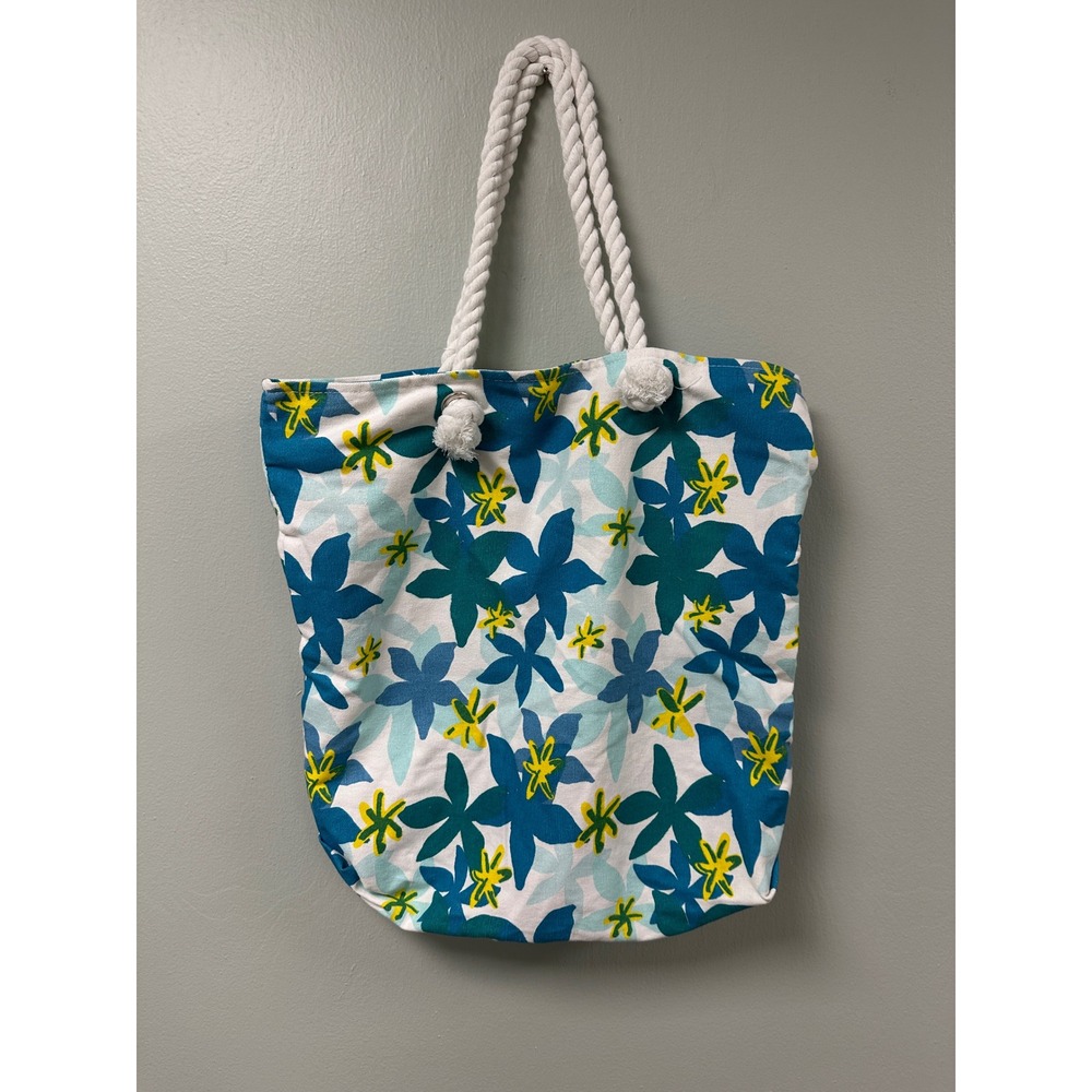 Blue Yellow Tropical Floral Canvas Tote Bag Nautical Rope Handles Zip Top